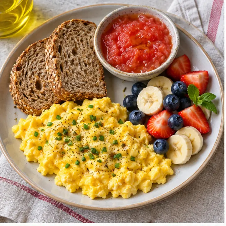 Huevos revueltos con tomate, patata asada y fruta fresca