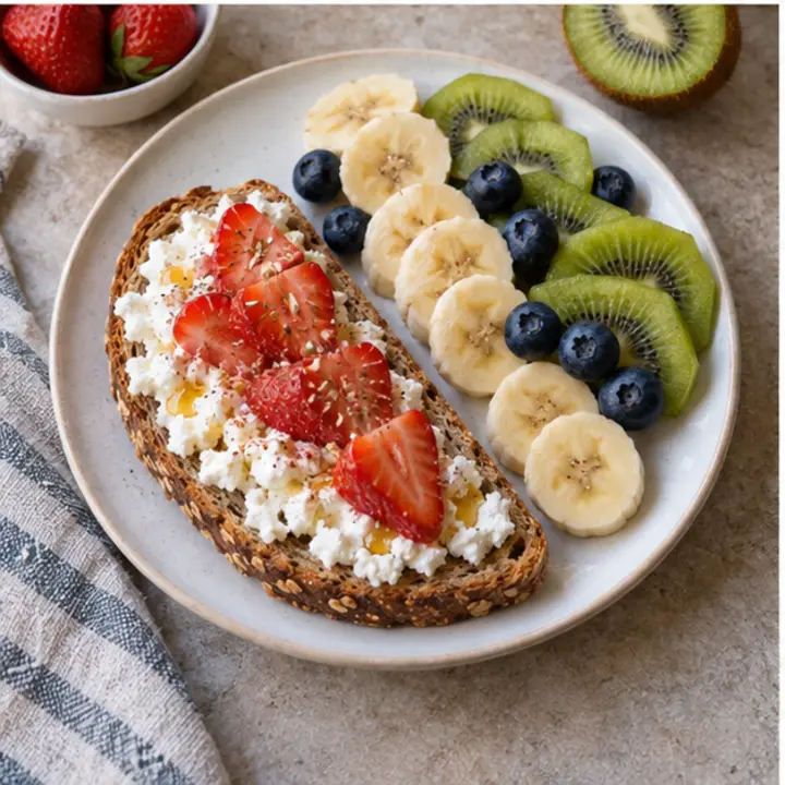 Tostada integral con queso fresco y fruta