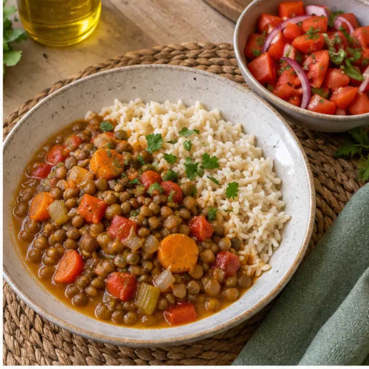Lentejas con verduras y arroz acompañadas de ensalada de tomate