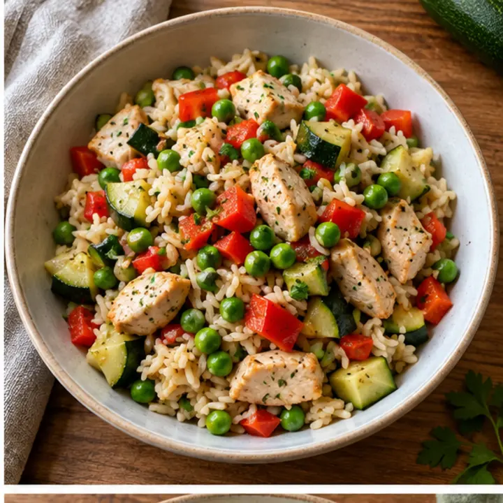 Arroz con pavo, pimiento, calabacín y guisantes