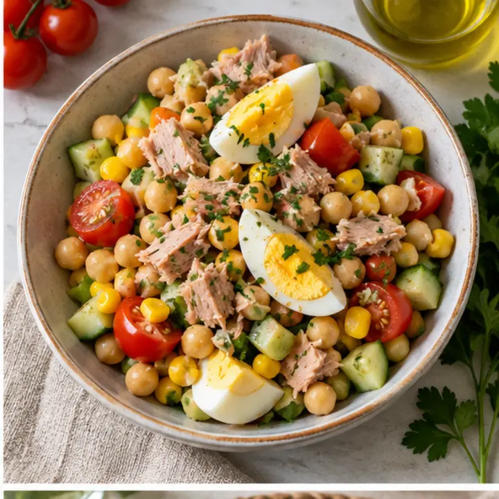 Ensalada templada de garbanzos, atún, huevo, tomate, pepino y maíz