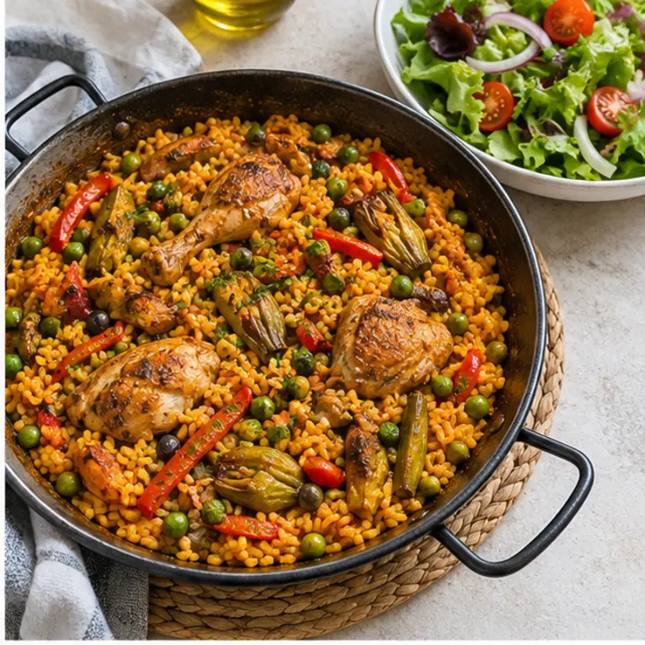 Arroz tipo paella con pollo, verduras y ensalada
