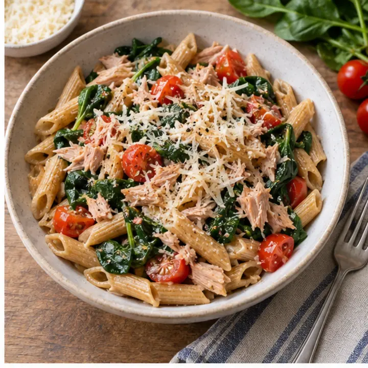 Pasta integral con atún, tomate, espinaca y queso rallado