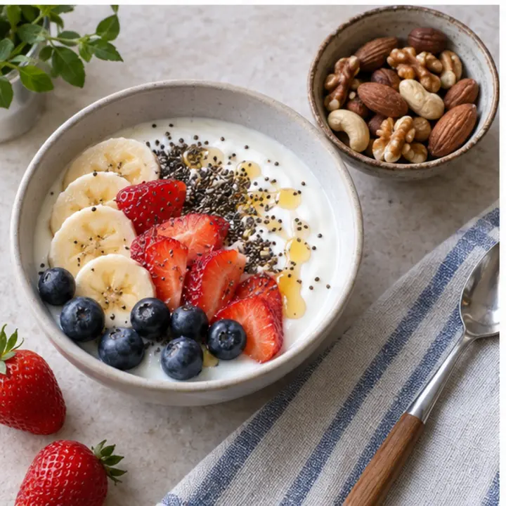 Yogur con fruta y frutos secos