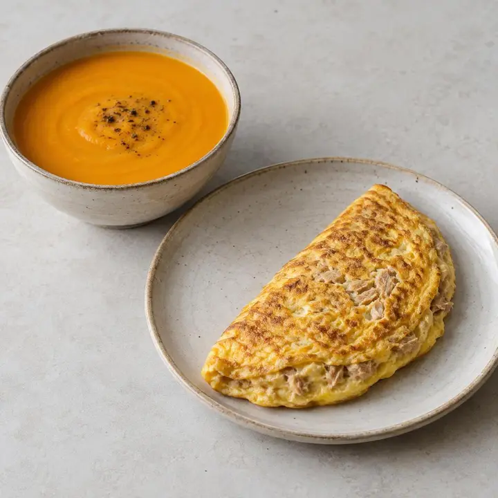 Crema de calabaza con tortilla de atún bien cuajada