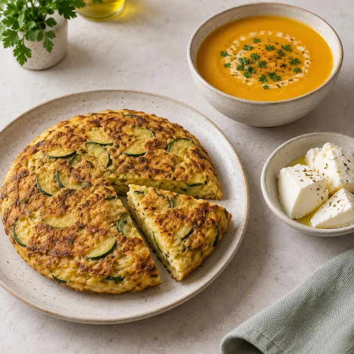 Tortilla de calabacín con crema de verduras y queso fresco