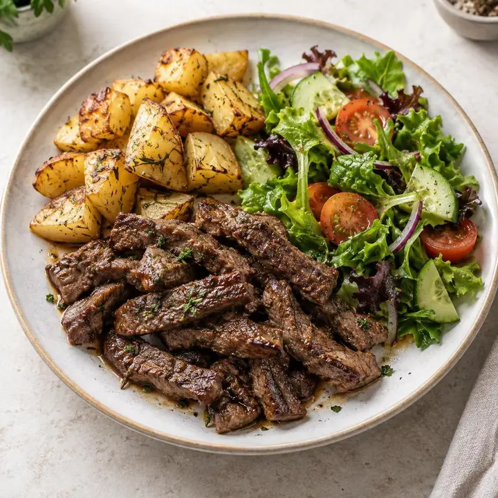 Ternera fresca salteada con patata asada y ensalada