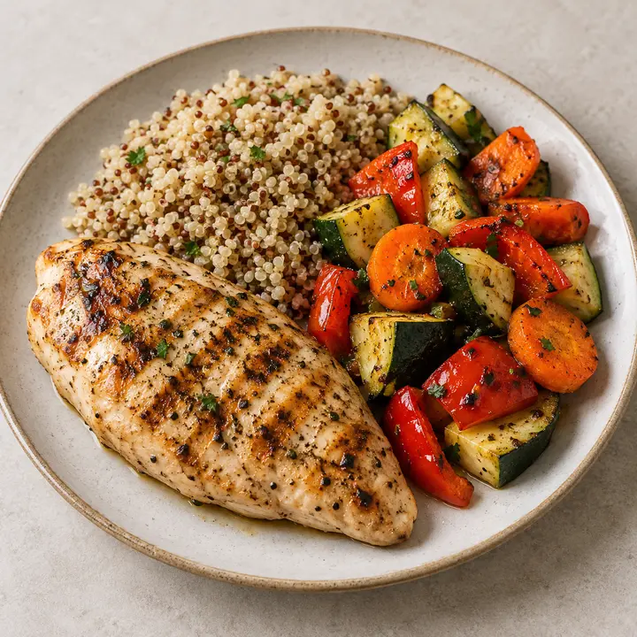 Pechuga de pollo a la plancha con quinoa y verduras asadas