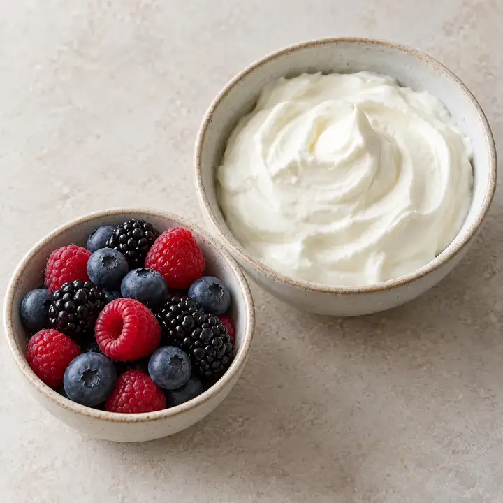 Queso fresco batido con arándanos, moras y frambuesas