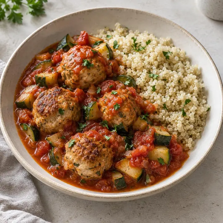 Albóndigas de pavo con salsa de tomate, calabacín y quinoa
