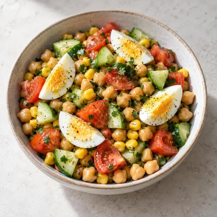 Ensalada templada de garbanzos con huevo, tomate, pepino y maíz