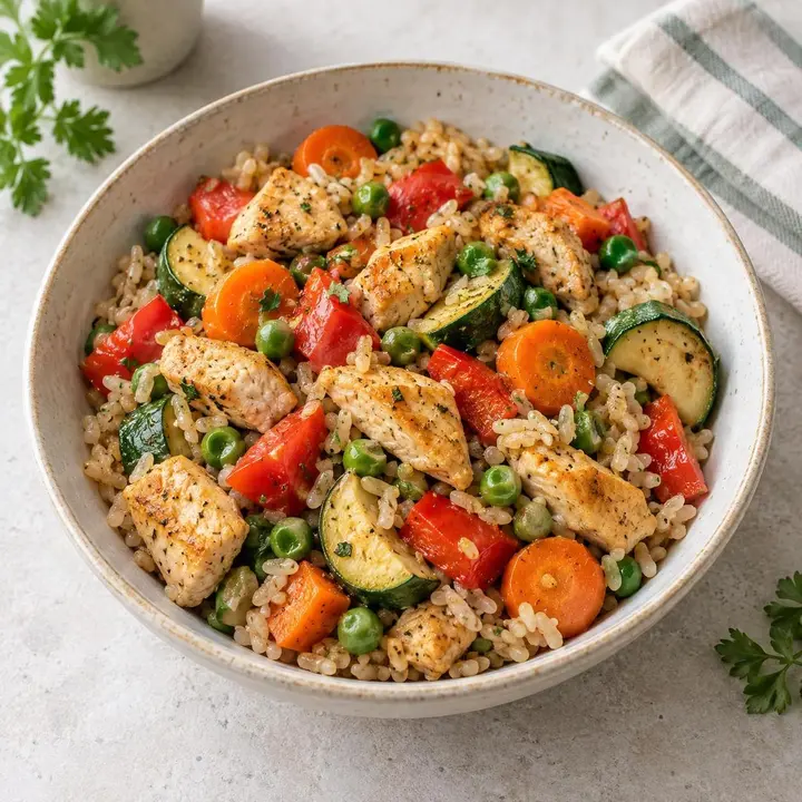 Arroz integral con pollo cocinado y verduras