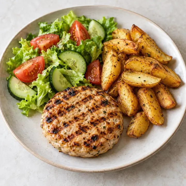 Hamburguesa de pollo sin pan con patatas gajo y ensalada