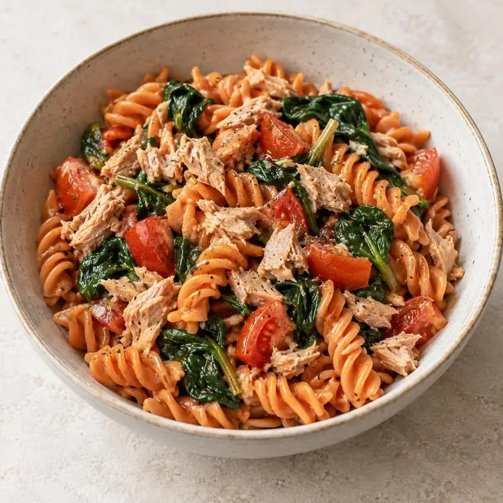 Pasta de lentejas con atún, tomate y espinaca