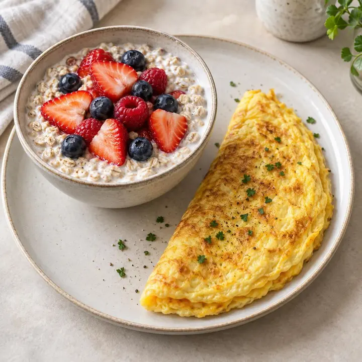 Avena nocturna con frutos rojos frescos y tortilla cuajada