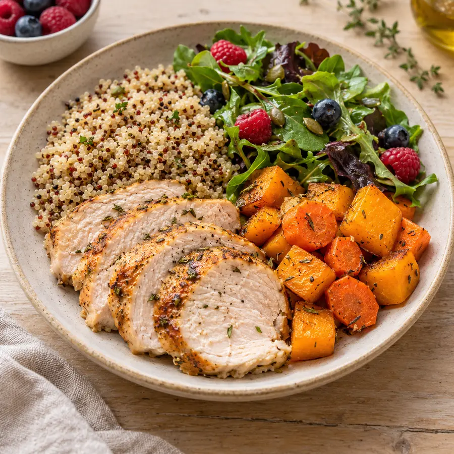 Pollo asado con quinoa, calabaza, zanahoria y ensalada