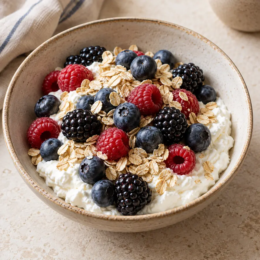 Queso fresco batido con arándanos, moras y frambuesas