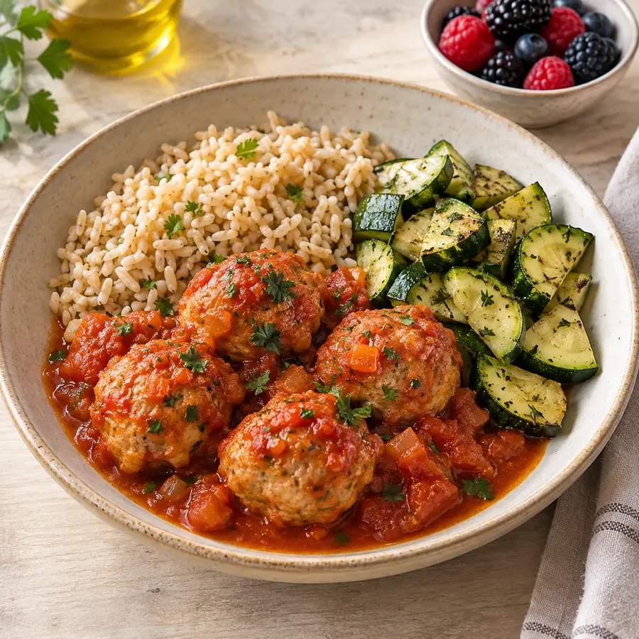 Albóndigas de pavo con arroz integral, salsa de tomate y calabacín