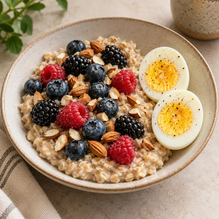 Avena con yogur, arándanos, moras, frambuesas, almendras y huevo cocido