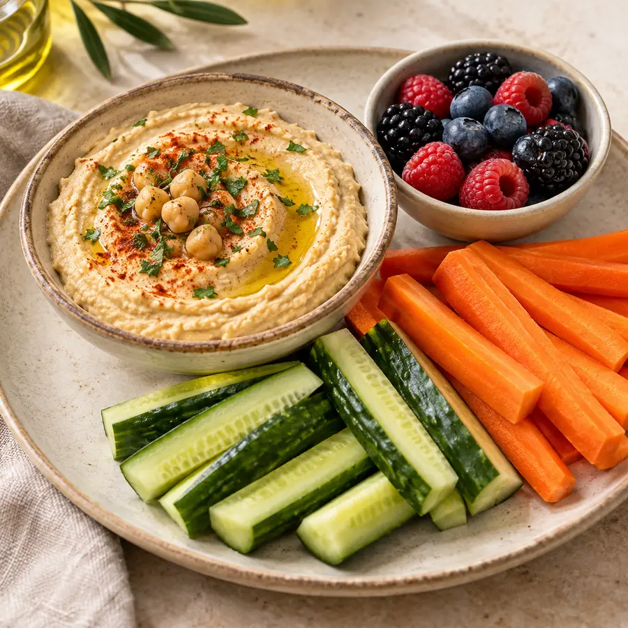 Hummus con zanahoria, pepino y un cuenco de arándanos, moras y frambuesas