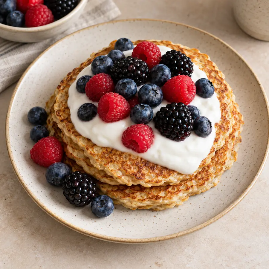 Tortitas de avena y huevo con yogur, arándanos, moras y frambuesas