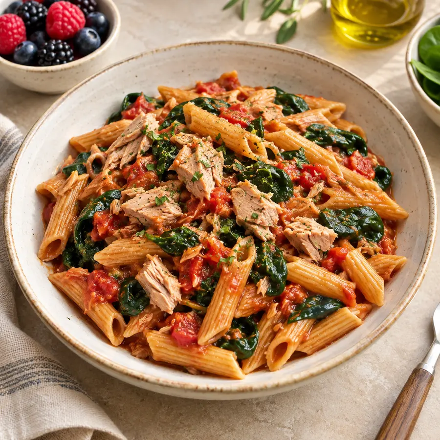 Pasta de lentejas con atún, tomate y espinaca