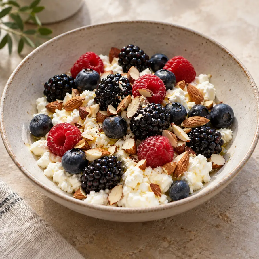 Queso fresco con arándanos, moras, frambuesas y nueces