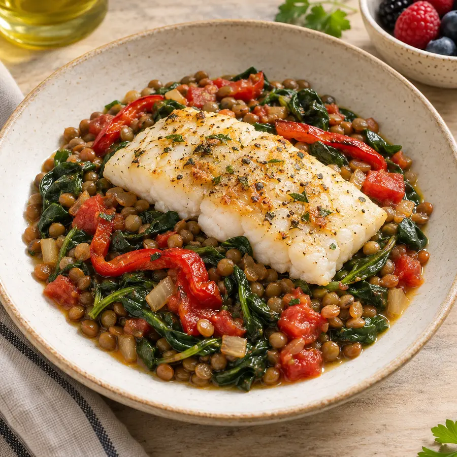 Merluza cocinada con lentejas, espinaca, pimiento y tomate