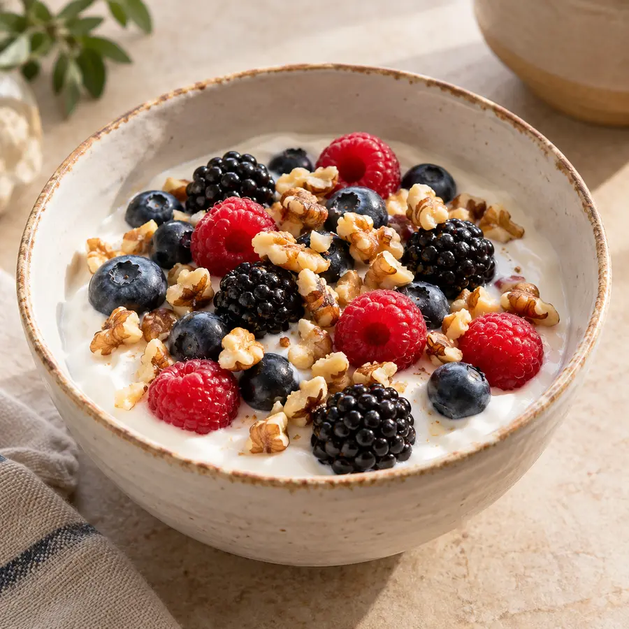 Yogur natural con arándanos, moras, frambuesas y nueces