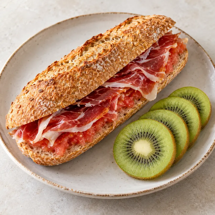 Bocadillo de centeno con jamón serrano, tomate y kiwi