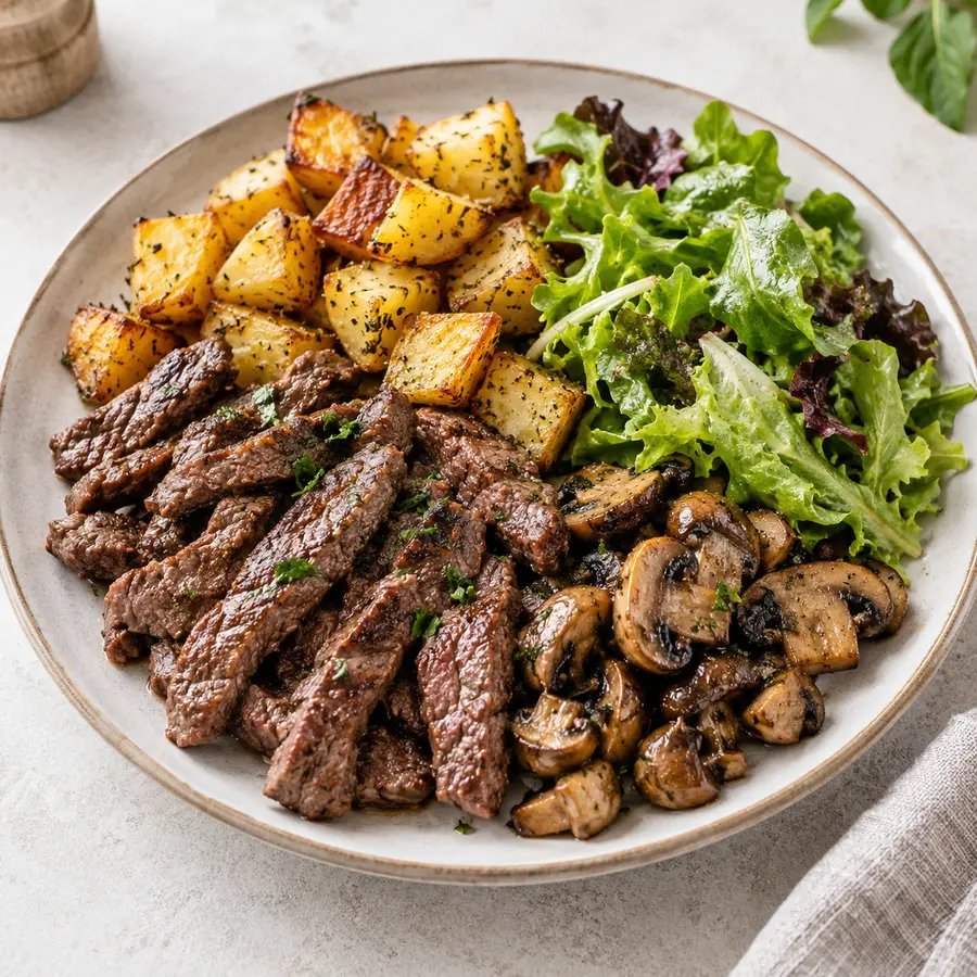 Ternera salteada con patata asada, champiñones y ensalada