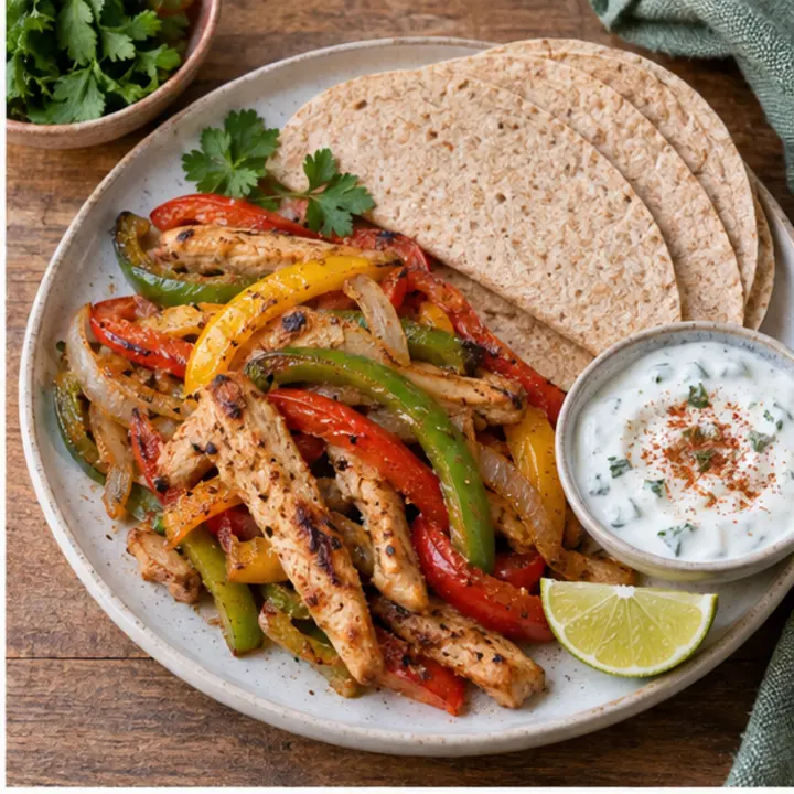 Tiras de pollo salteadas con pimientos y cebolla, tortillas de trigo y un cuenco de salsa de yogur