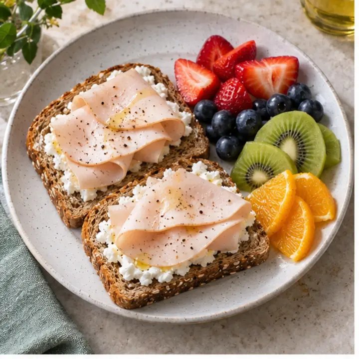 Dos tostadas de pan de centeno con queso fresco y lonchas de pavo junto a kiwi, naranja, fresas y arándanos