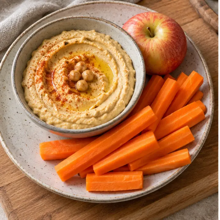 Cuenco de hummus con garbanzos, palitos de zanahoria y una manzana