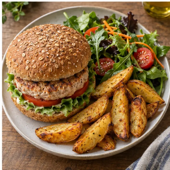 Hamburguesa de pavo en pan integral con lechuga y tomate, patatas gajo y ensalada