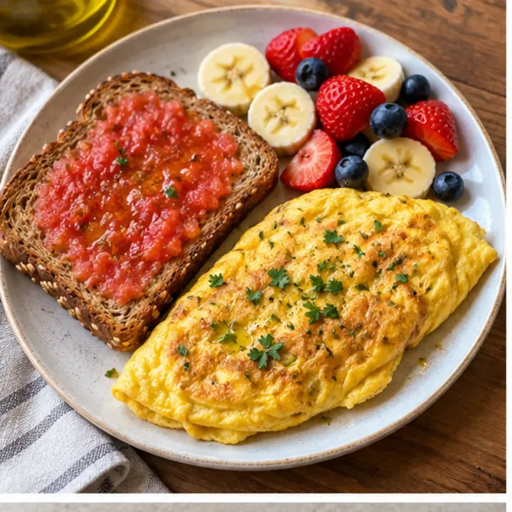 Tostada de pan integral con tomate, tortilla francesa y fresas, plátano y arándanos