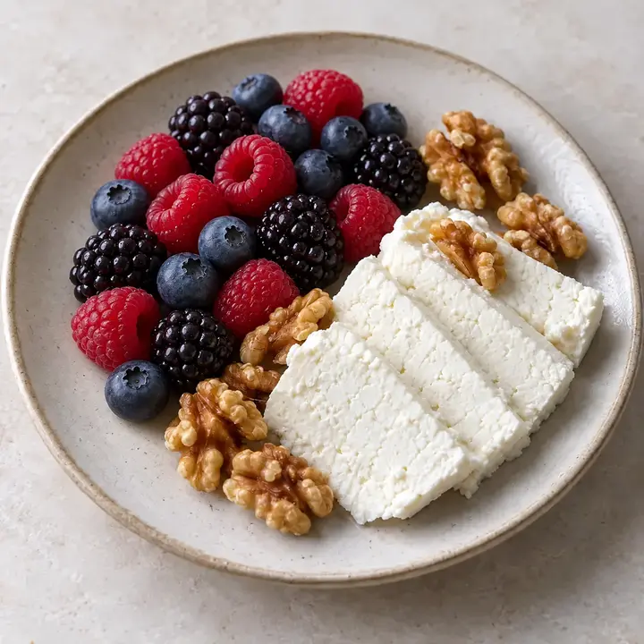 Lonchas de queso fresco con frambuesas, moras, arándanos y nueces