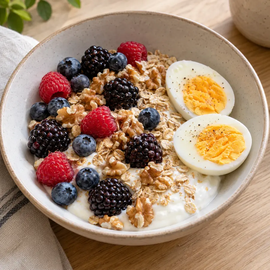 Bol de avena con yogur, frambuesas, moras, arándanos y frutos secos junto a medio huevo cocido