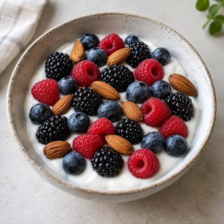 Cuenco de yogur con frambuesas, moras, arándanos y almendras